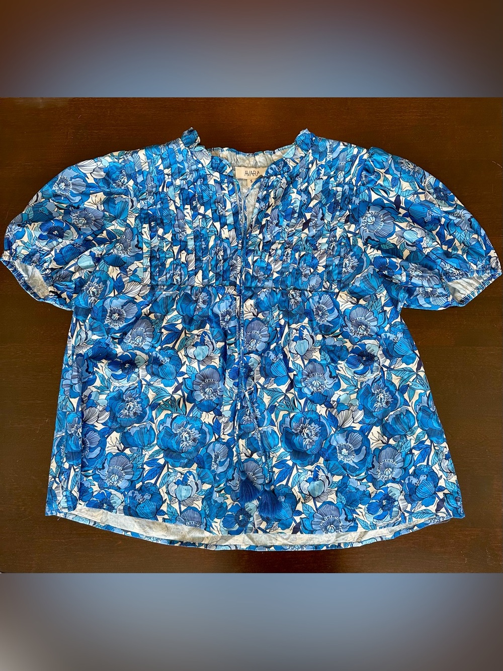 Avara Blue Floral Pintuck women’s blouse